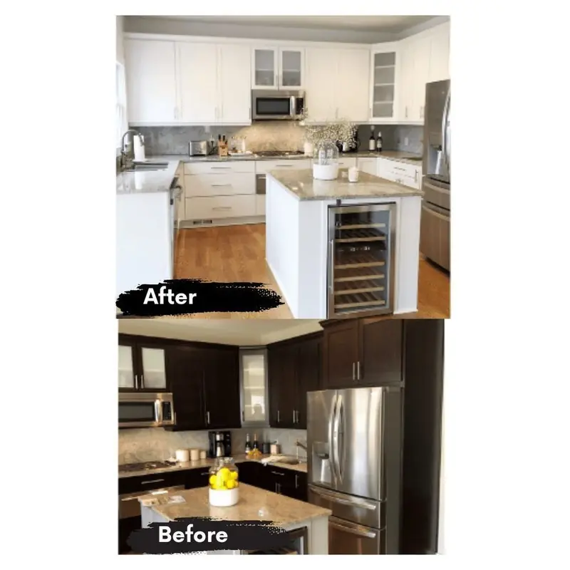 Before and after of a kitchen: dark stained cabinets below, the same cabinets painted white above
