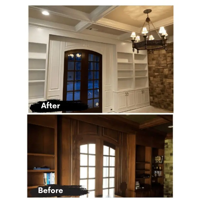 Before and after of library built-ins and coffered ceiling, dark wood below and repainted white above